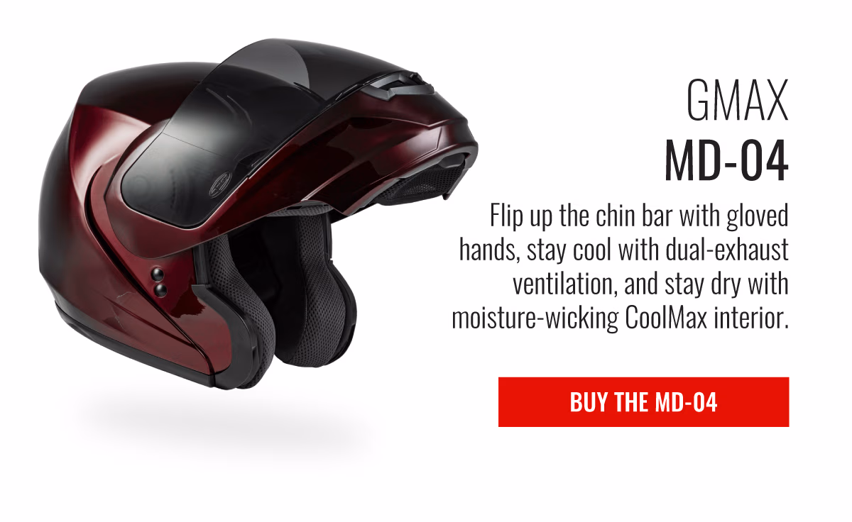 GMAX MD-04 | Flip up the chin bar with gloved hands, stay cool with dual-exhaust ventilation, and stay dry with moisture-wicking CoolMax interior | BUY THE MD-04