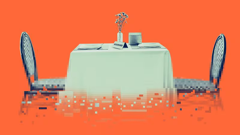 Photo collage of reserved sign laying on restaurant table with pixelated graphic treatment