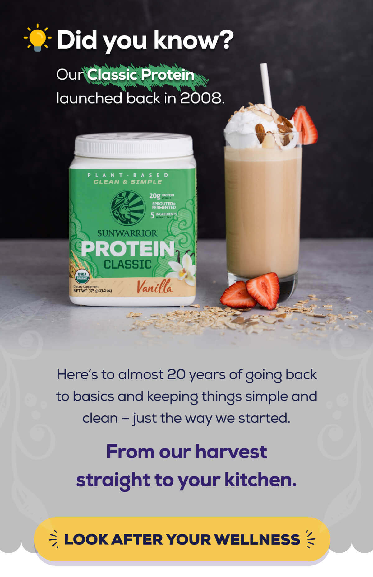 Did you know? Our Classic Protein launched back in 2008.   Here’s to almost 20 years of going back to basics and keeping things simple and clean – just the way we started. From our harvest straight to your table.  LOOK AFTER YOUR WELLNESS