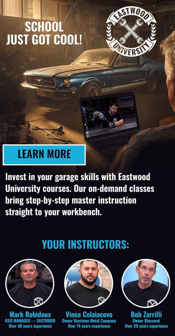 Eastwood University ad for online automotive restoration courses, featuring a classic Mustang and expert instructors.