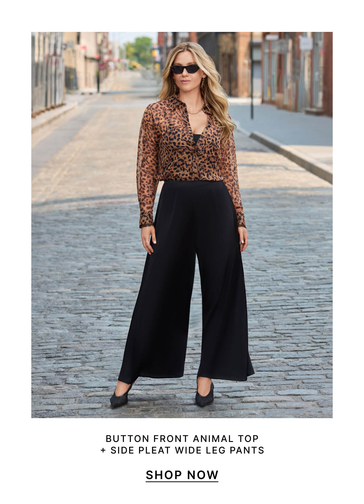 Button Front Animal Top + Side Pleat Wide Leg Pants