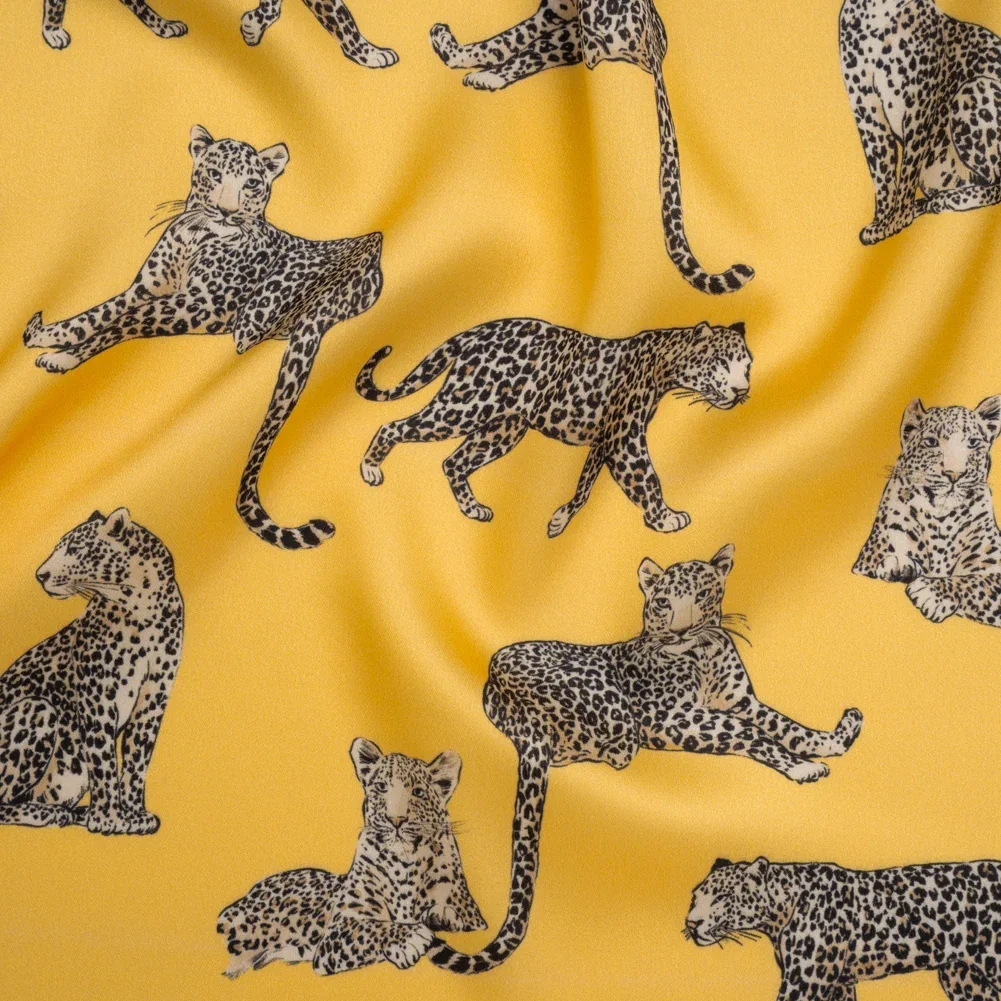 Image of Stretch Recycled Polyester Charmeuse Print by Max Alexander - Sun Yellow and Beige Prowling Cheetahs