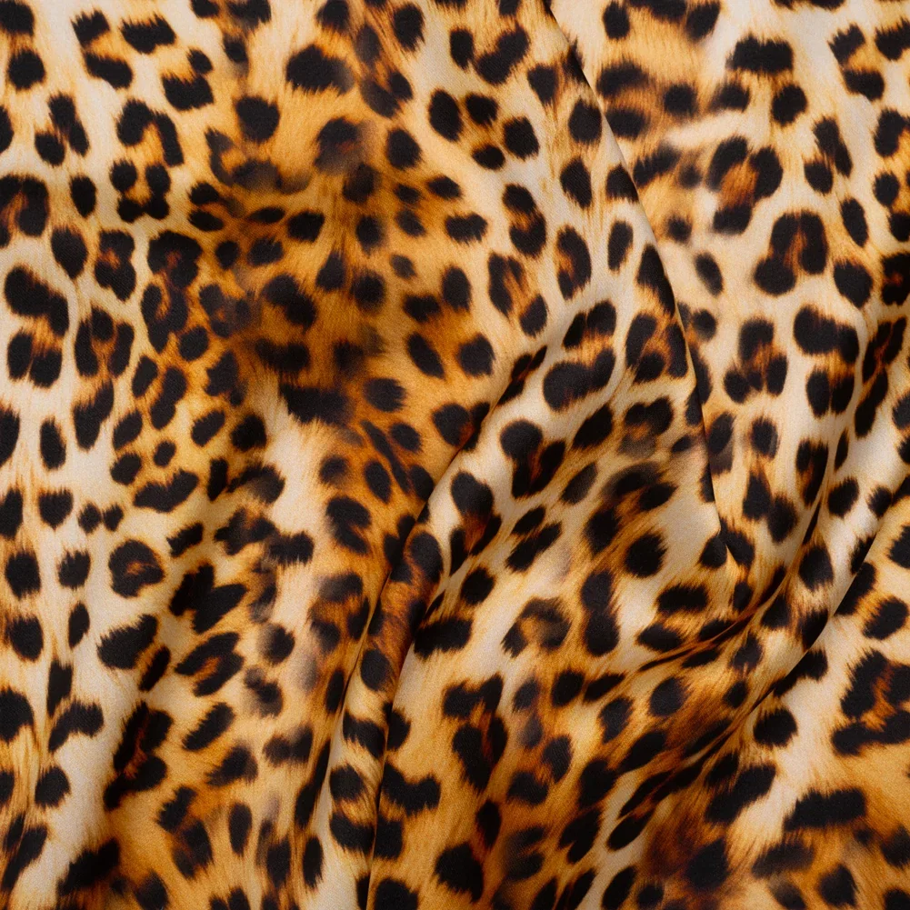 Image of Stretch Recycled Polyester Charmeuse Print by Max Alexander - Beige, Brown and Black Leopard Spots