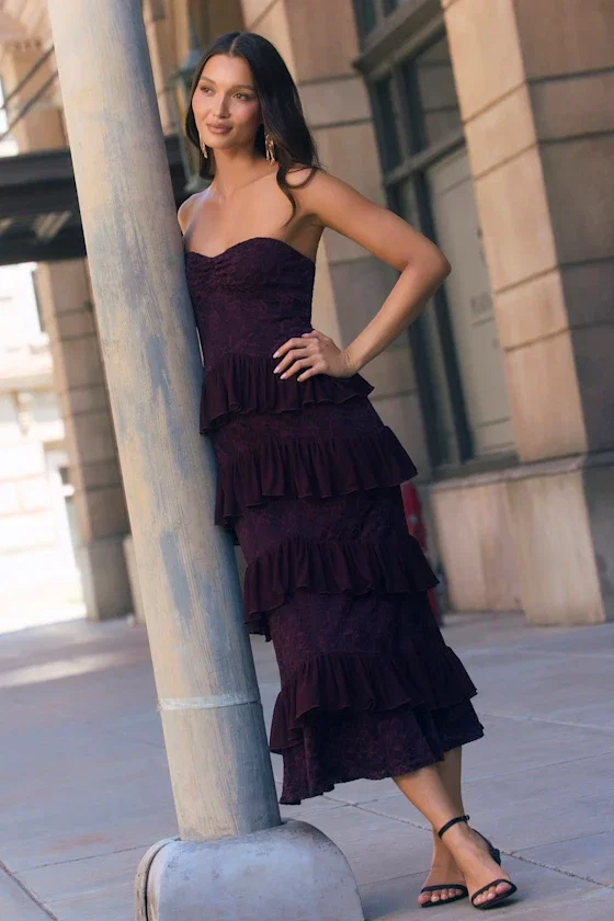 Image of Mariena Plum Lace Tiered Midi Dress