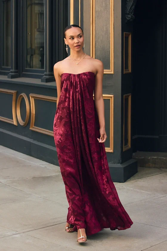 Image of Amiri Burgundy Floral Burnout Shift Maxi Dress