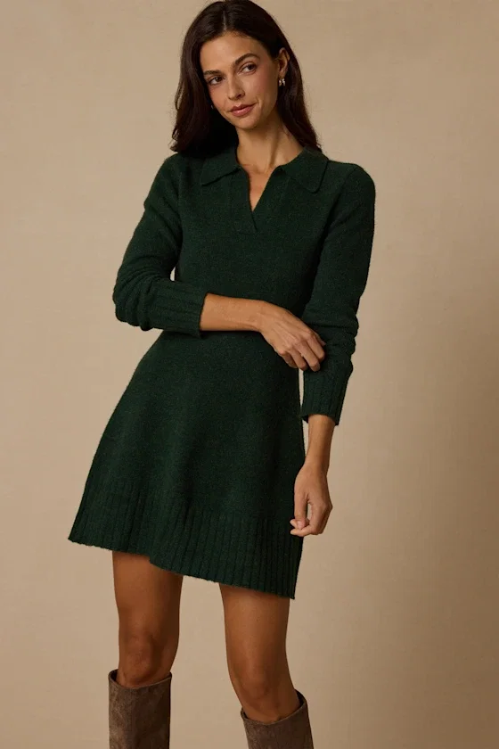 Image of Soft Serenity Emerald Green Collared Sweater Mini Dress