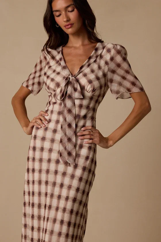 Image of Montebello Brown & Ivory Plaid Maxi Dress