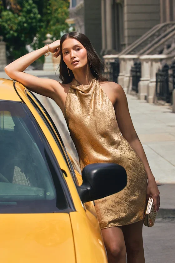 Image of Dayna Gold Metallic Cowl Mini Dress