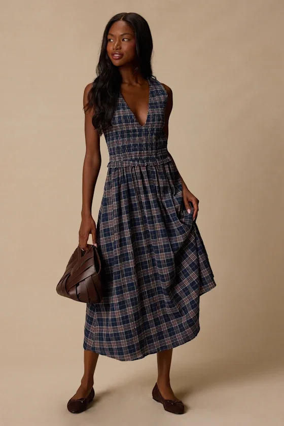 Image of Rutherford Navy Blue Plaid Midi Dress