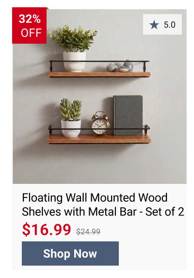Floating Wall Mounted Wood Shelves with Metal Bar - Set of 2
