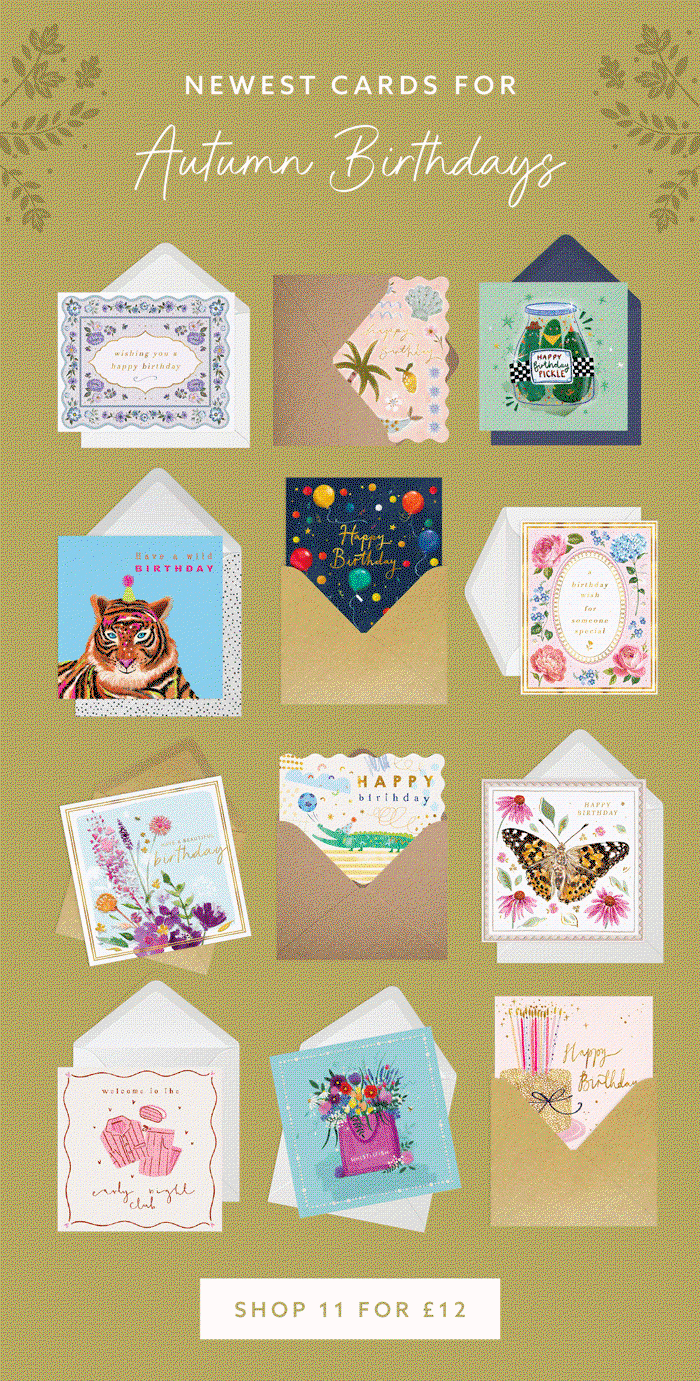Newest cards for autumn birthdays. Shop 11 everyday cards for £12. Whistlefish cards are made in the UK, plastic-free and recyclable.