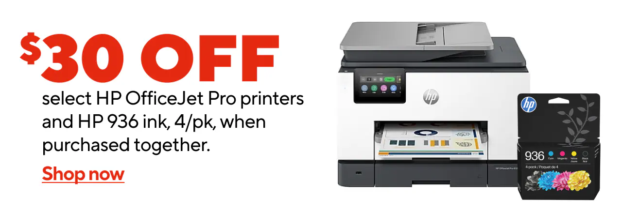 Save $30  when you buy an HP OfficeJet Pro + HP 936 series 4 pack ink