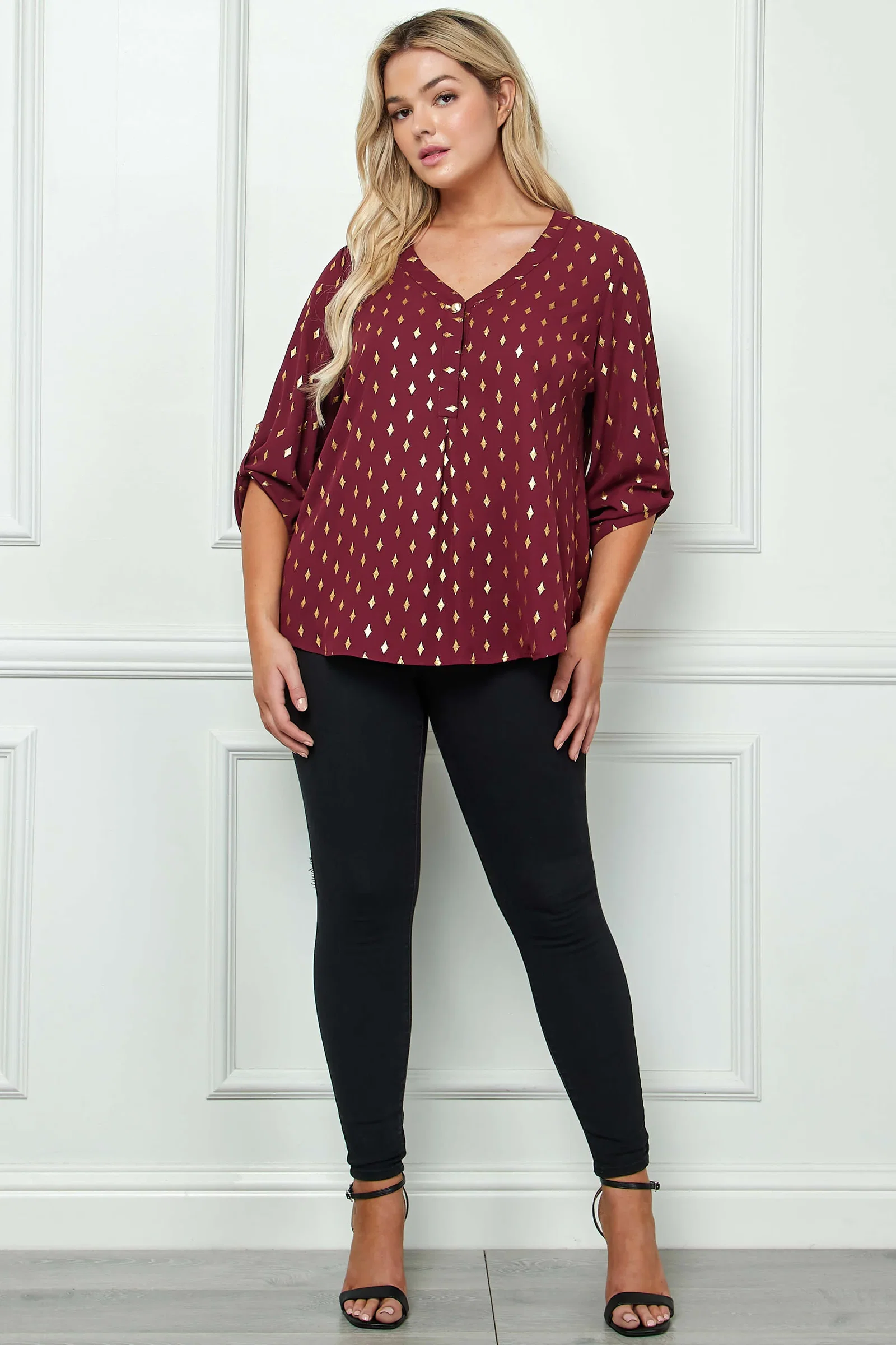 Image of 3/4 Button Tab Sleeve V-Neck Big Button Front Diamond Foil Overlay Popover Blouse - Plus