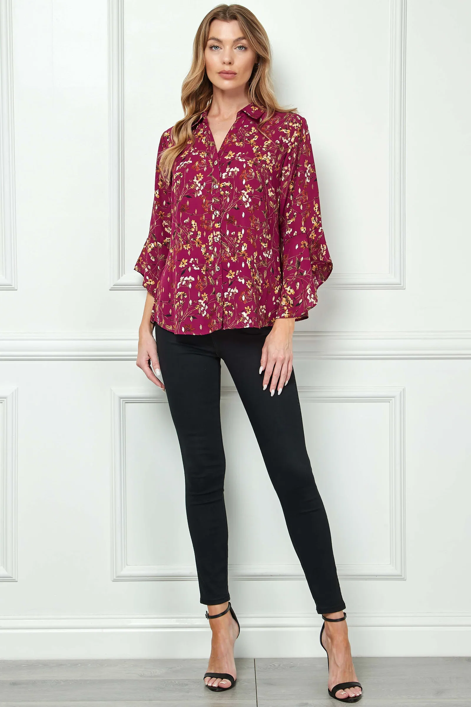 Image of 3/4 Ruffle Sleeve Collar Button Front Dash Foil Overlay Blouse