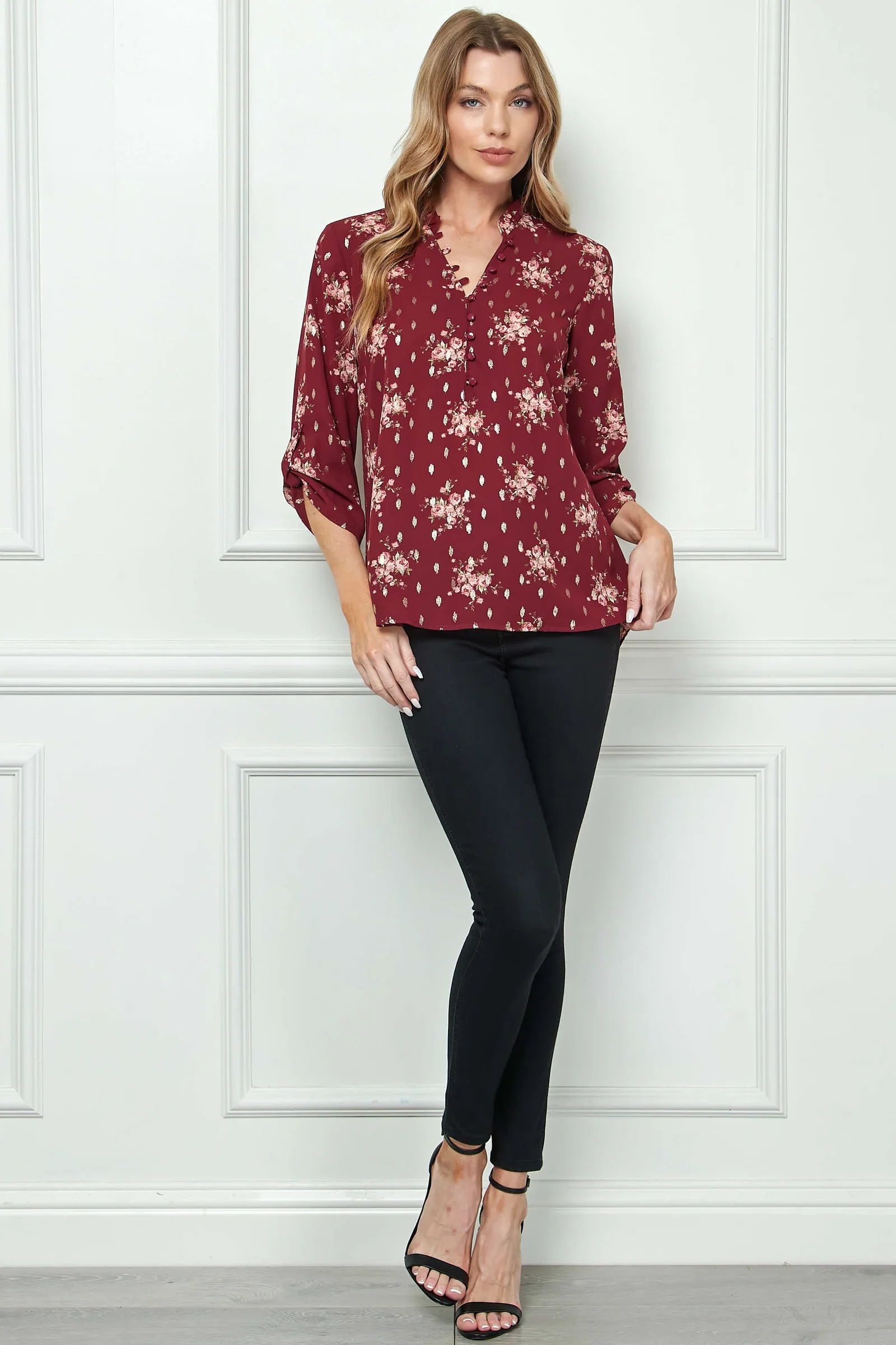 Image of 3/4 Button Tab Sleeve Covered Button + Loop Placket Front V-Ruffle Neck Dash Foil Overlay Popover Blouse - Burgandy