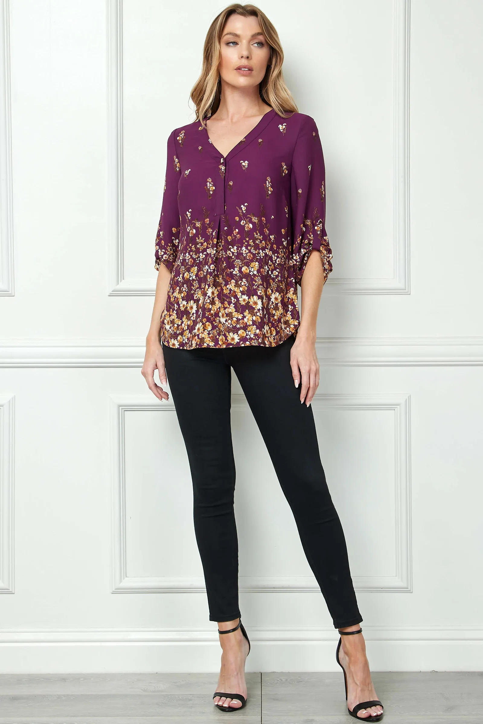 Image of 3/4 Button Tab Sleeve V-Neck Big Button Placket Front Popover Border Print Blouse