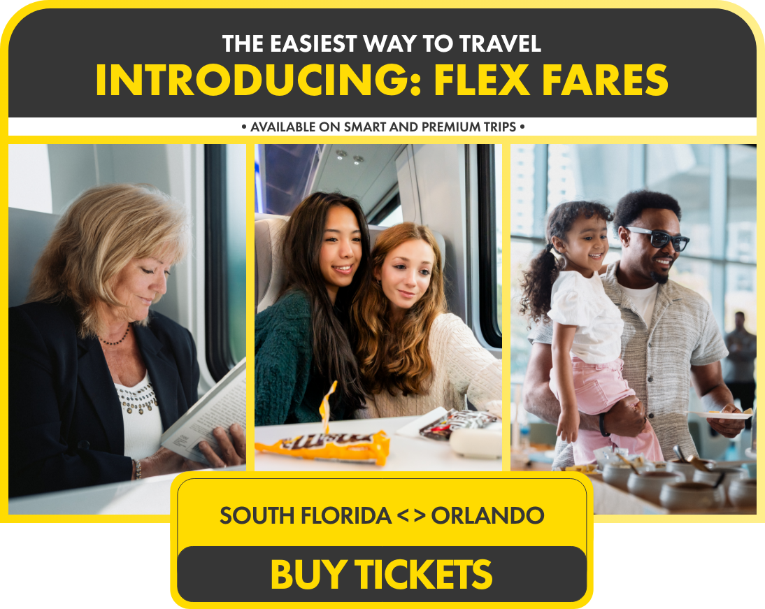 Promotional graphic advertises flex fares as the easiest way to travel by train. The design features three photos: a woman reading and working, two young women relaxing with snacks, and a family with children riding comfortably. Text highlights that flex fares are available on smart and premium trips and connects South Florida to Orlando. A bold call-to-action at the bottom invites viewers to buy tickets.