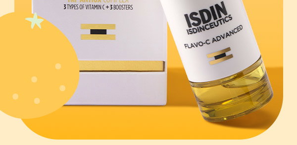 ISDIN Flavo-C Advanced Serum 15% Vitamin C bottle propped up against box