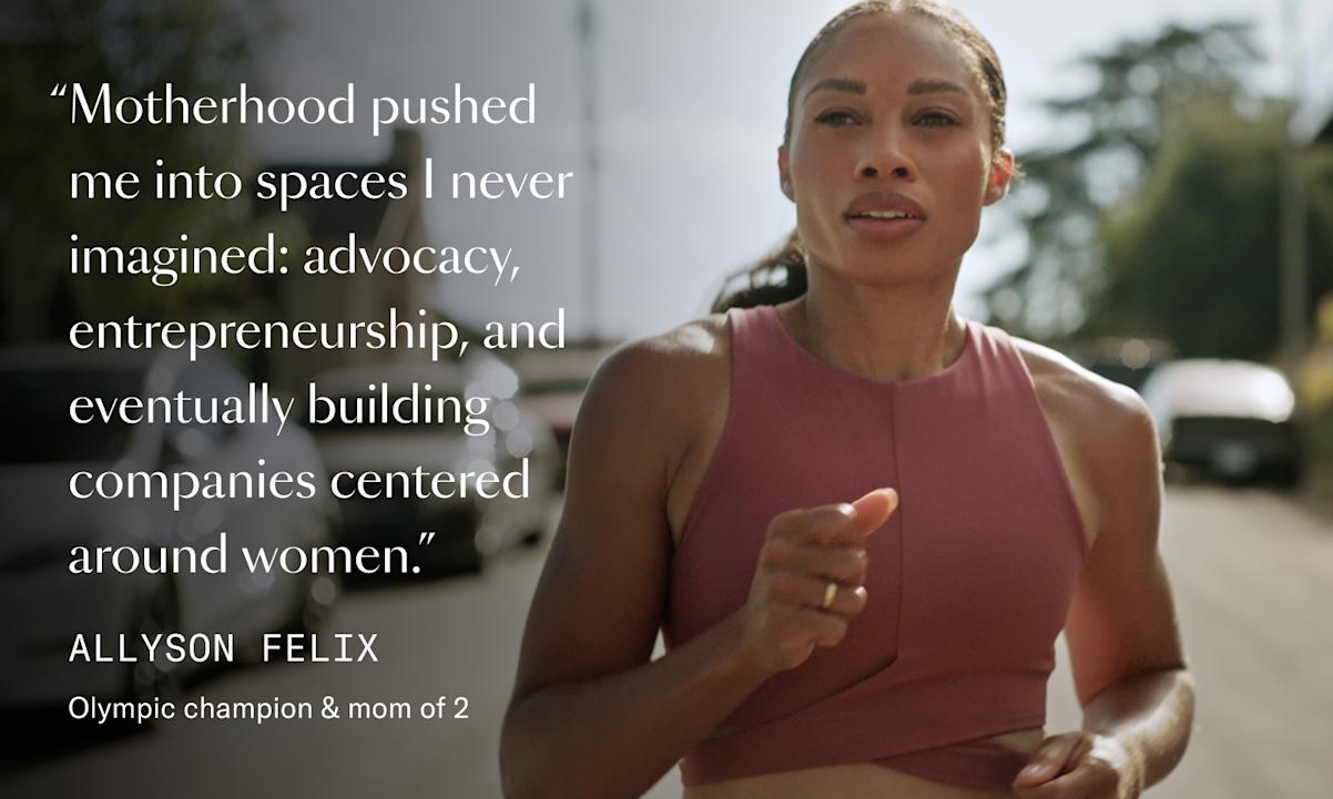Olympic champion & mom of 2 Allyson Felix running with quote about motherhood