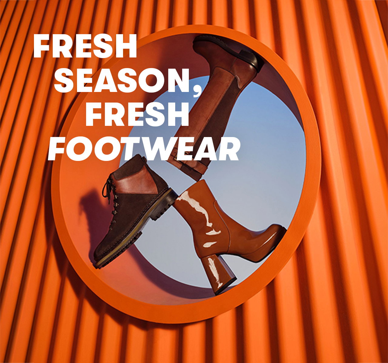 Three pairs of boots in a circular orange frame with the text “FRESH SEASON, FRESH FOOTWEAR”.