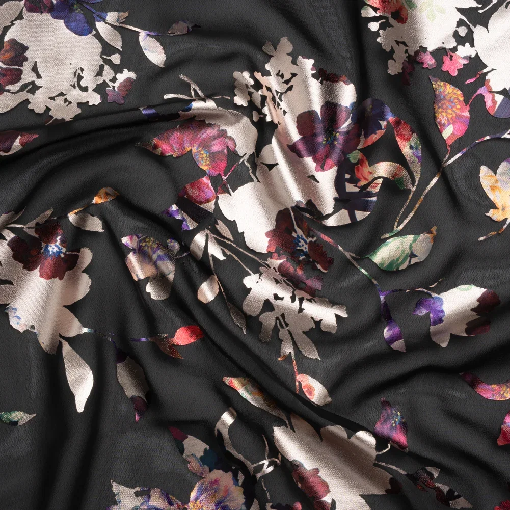 Image of Metallic Foiled Polyester Chiffon Print - Pale Gold, Wine Red and Black Floral on Floral - Designer Deadstock
