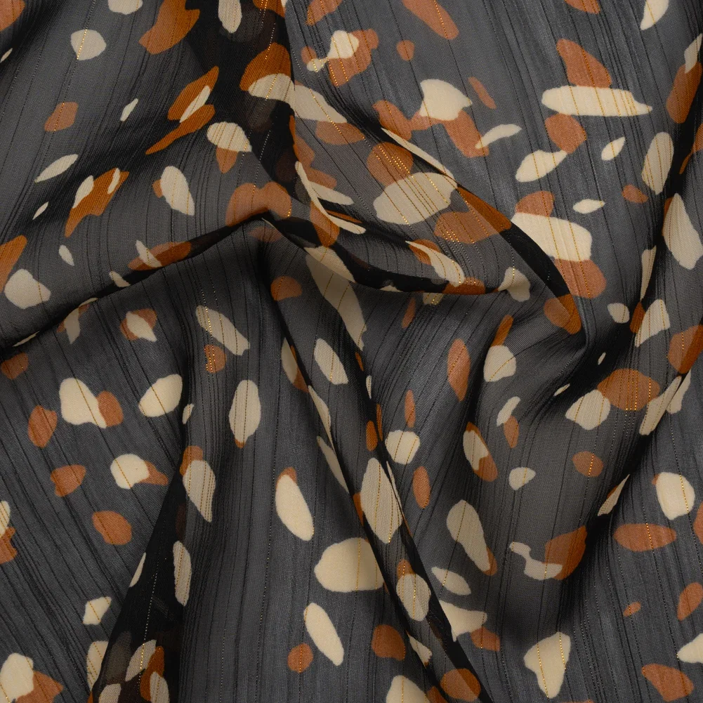 Image of Crinkled Polyester Chiffon with Metallic Gold Pinstripes - Black, Brown and Cream Abstract Spots - Designer Deadstock