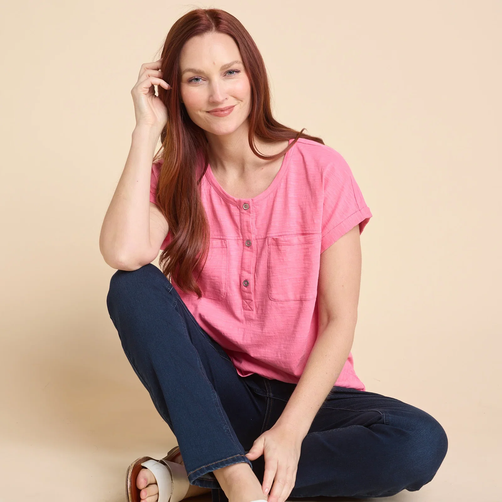 Image of Dropped Shoulder Short Sleeve Henley Tee
