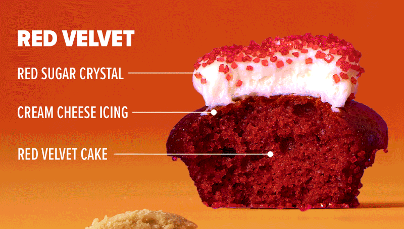 Red Velvet: Red velvet cake, cream cheese icing, and red sugar crystals on top.