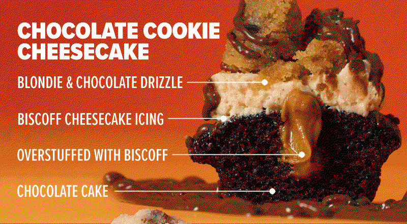 Chocolate Cookie Cheesecake: Chocolate cake, overstuffed with Biscoff, Biscoff cheesecake icing, and blondie & chocolate drizzle on top.