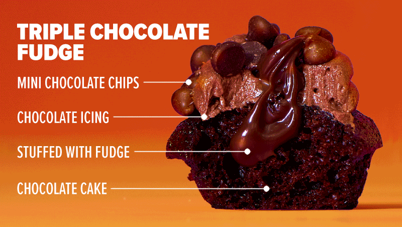 Triple Chocolate Fudge: Chocolate cake, stuffed with fudge, chocolate icing, and mini chocolate chips.