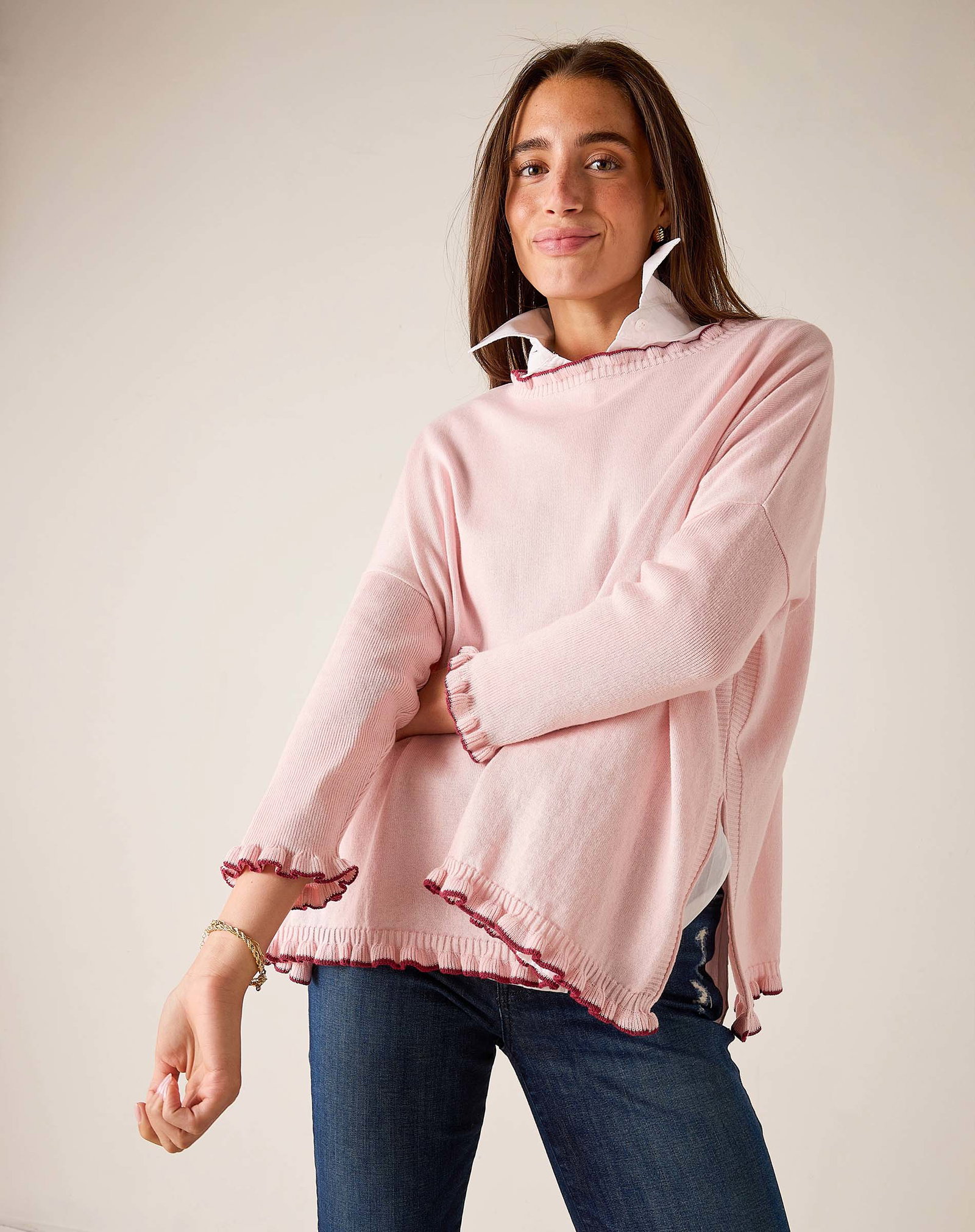 Catalina Cotton Ruffle Sweater - Light Orchid & Bordeaux