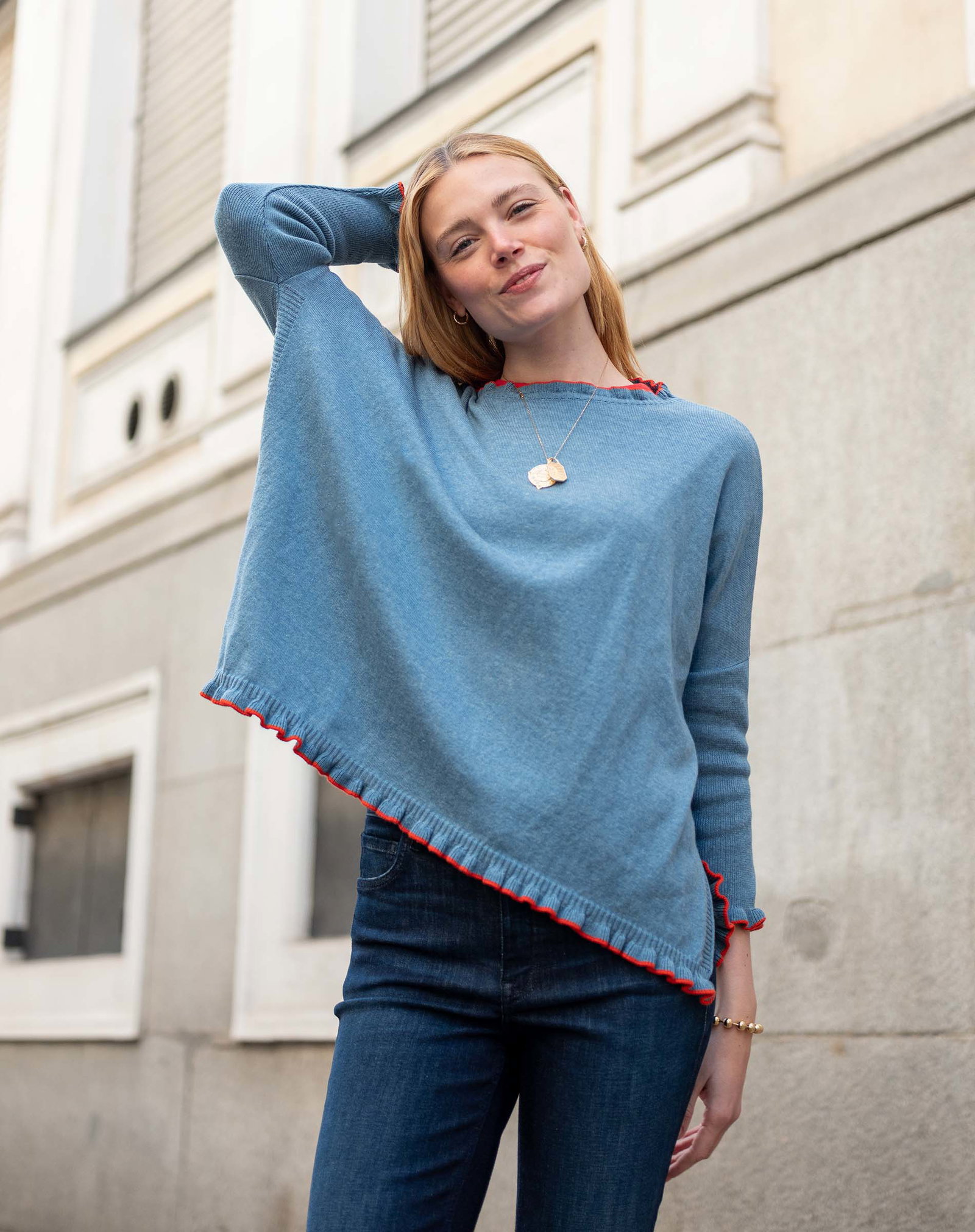 Catalina Cotton Ruffle Sweater - Aegean & Vermillion