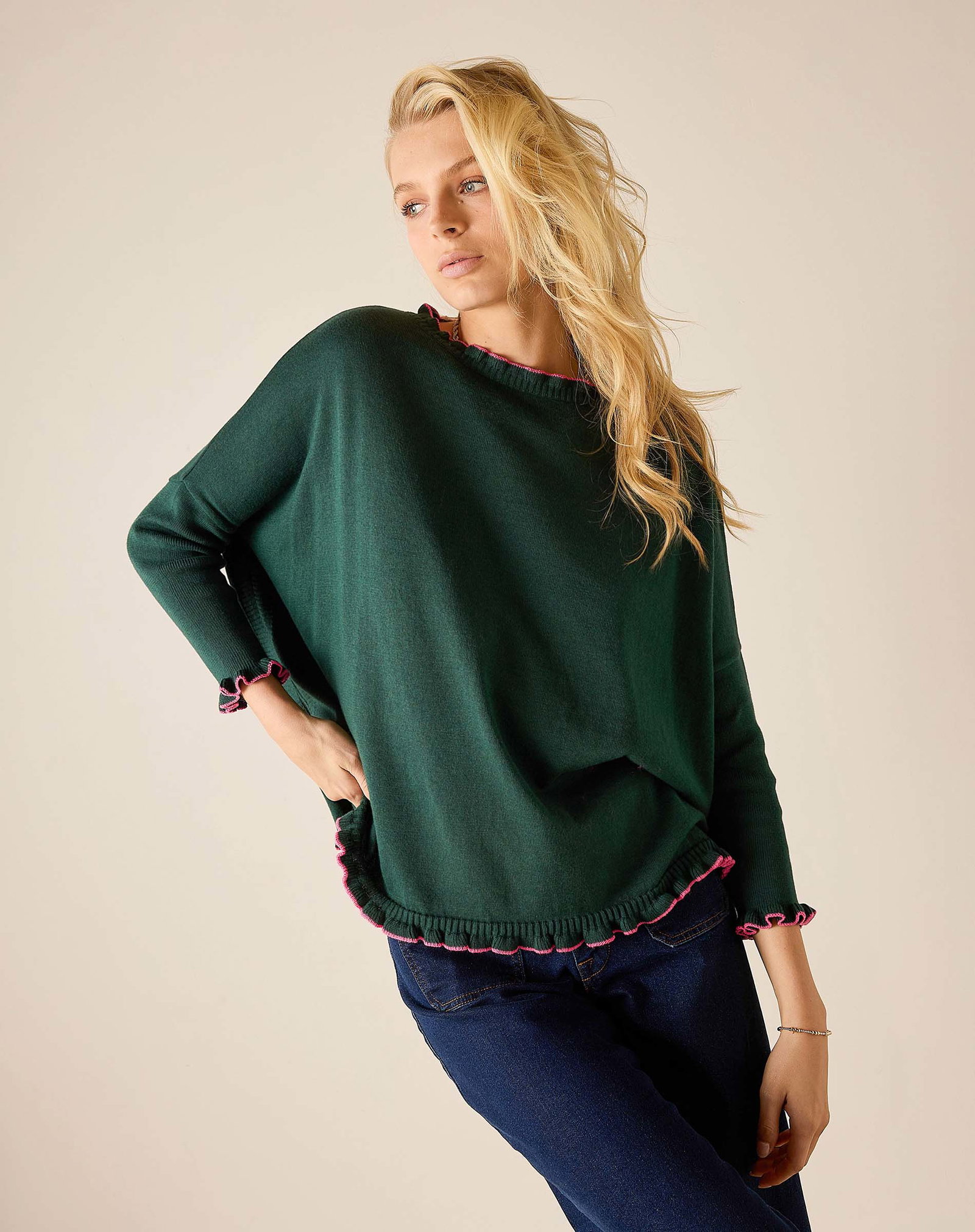 Catalina Cotton Ruffle Sweater - Forest & Bubblegum