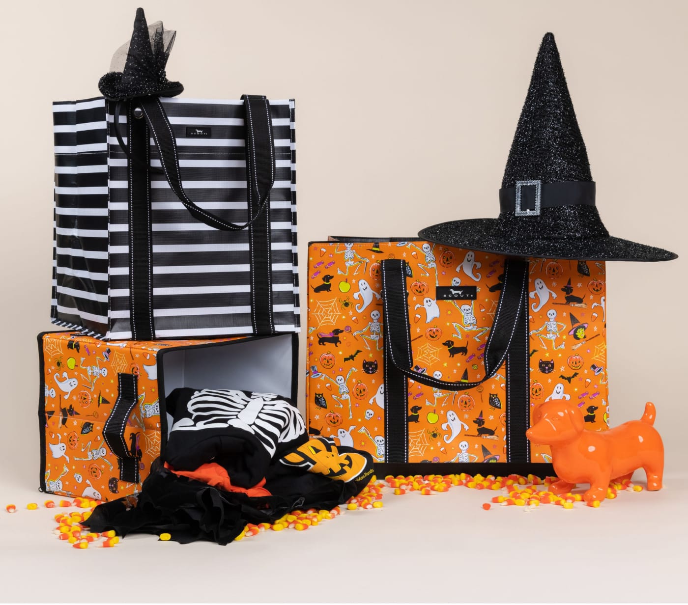 SCOUT Bags Halloween collection featuring striped and patterned tote bags with witch hats and candy corn.