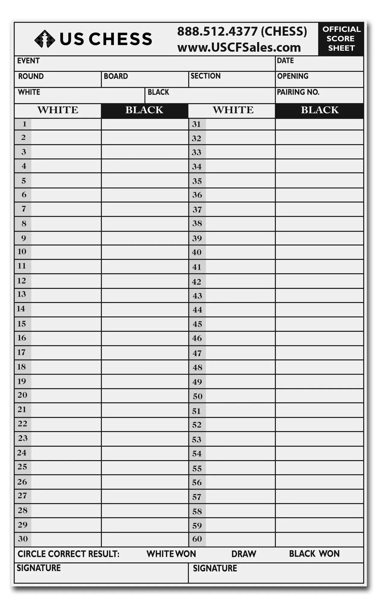 Image of Official US chess Self-Duplicating Score Sheets - PACK OF 100 SHEETS