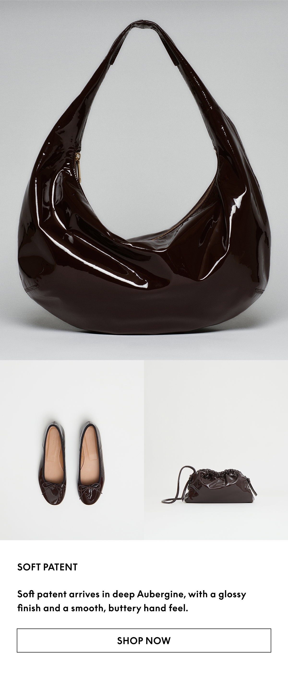 Soft patent arrives in deep Aubergine, with a glossy finish and a smooth, buttery hand feel.