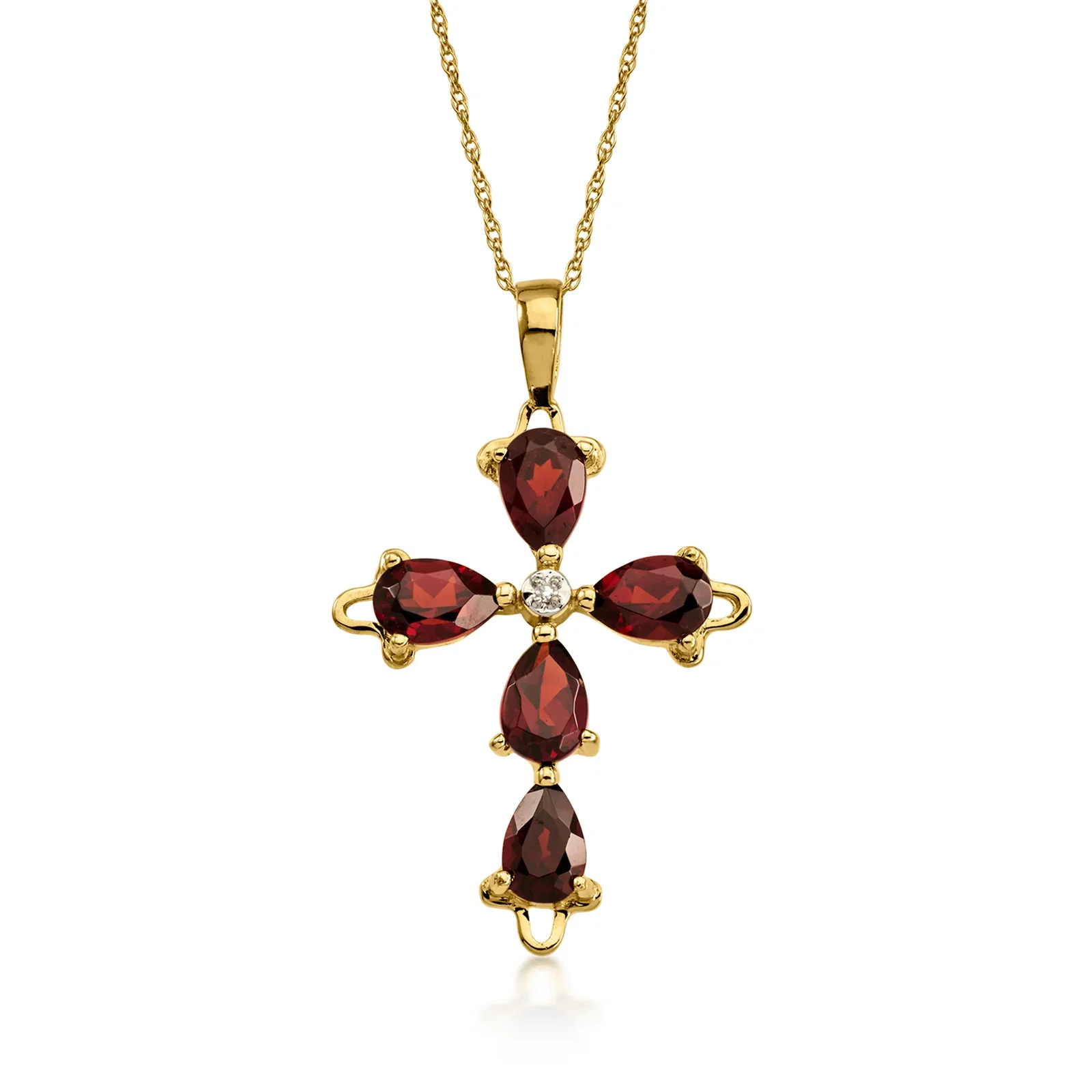 Shop C. 1980 Vintage 2.00 ct. t.w. Garnet Cross Pendant Necklace with Single Diamond in 14kt Yellow Gold. 18" - 18-inch