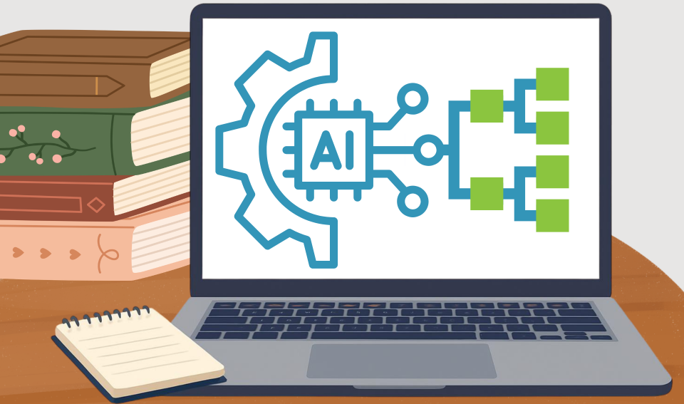 A laptop on a desk displays an AI and neural network graphic, with stacked books and a notepad nearby.