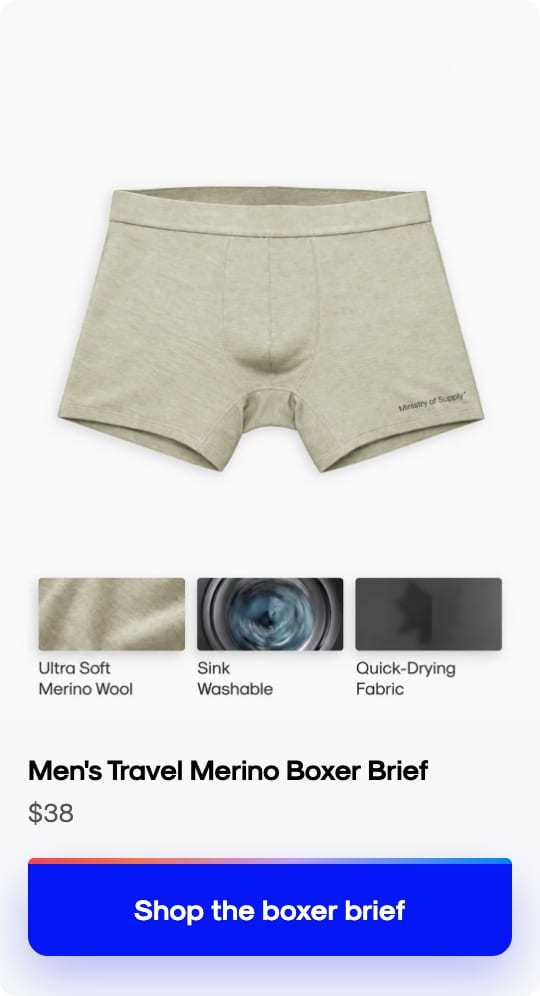 Men's Travel Merino Boxer Brief in Linen, $38