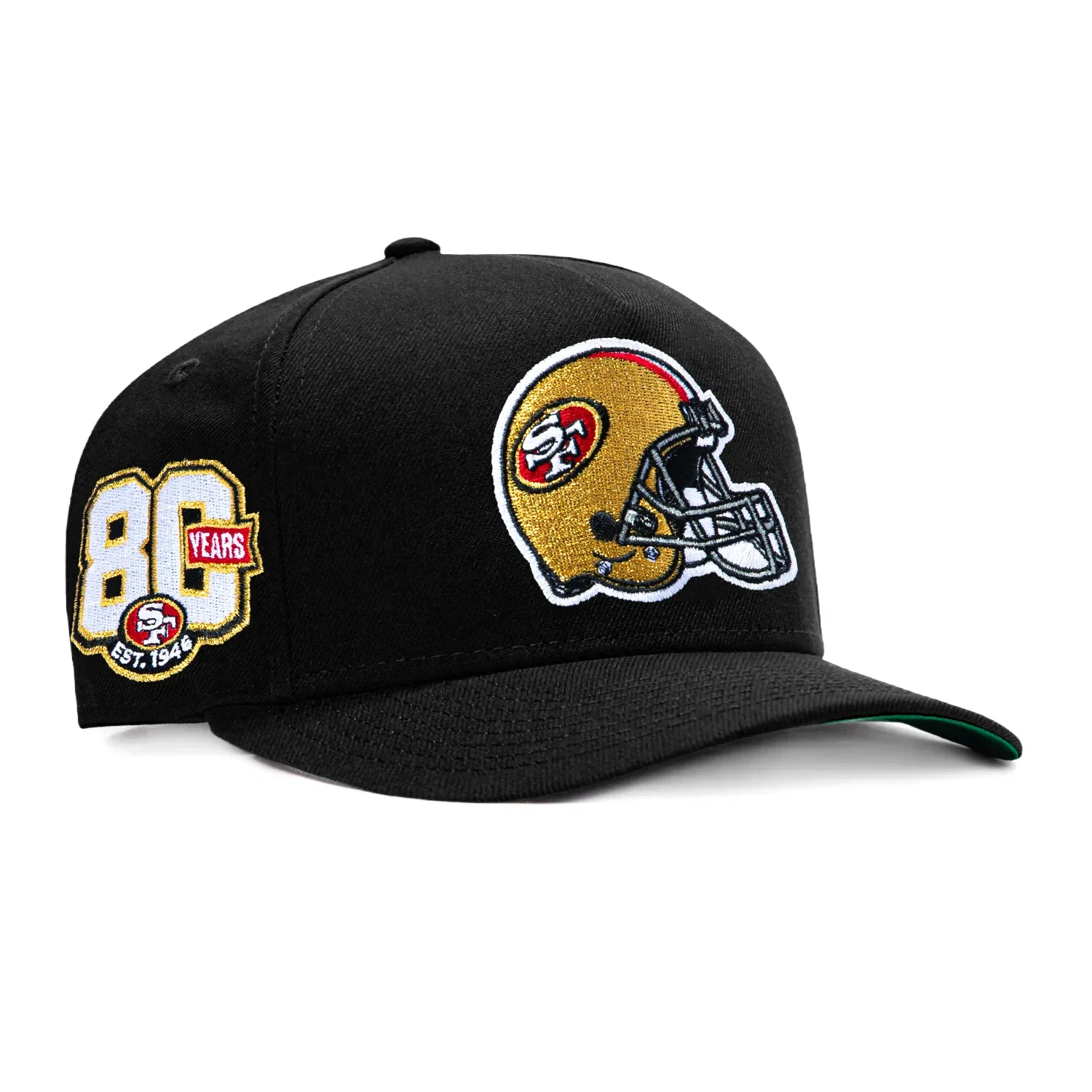 Image of New Era 9Fifty A-Frame Black Dome San Francisco 49ers 80th Anniversary Patch Helmet Snapback Pre-Curved Hat - Black