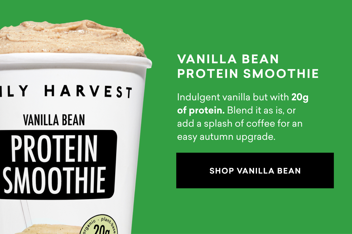 Vanilla Bean Protein Smoothie: Indulgent vanilla but with 20g of protein. Blend it as is, or add a splash of coffee for an easy autumn upgrade.