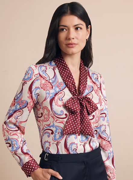 Relaxed Fit Cream & Red Paisley Pussybow Blouse
