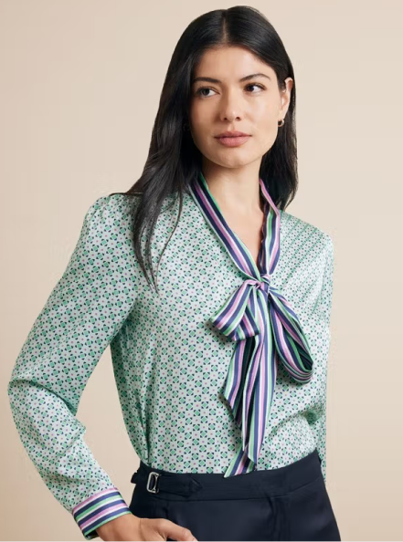 Relaxed Fit Green & Purple Geo Pussybow Blouse