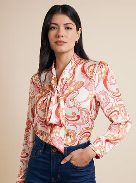 Relaxed Fit White & Pink Paisley Pussybow Blouse