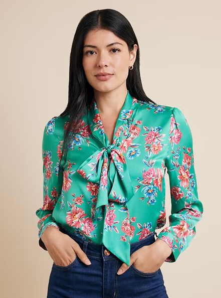 Relaxed Fit Green & Pink Floral Pussybow Blouse