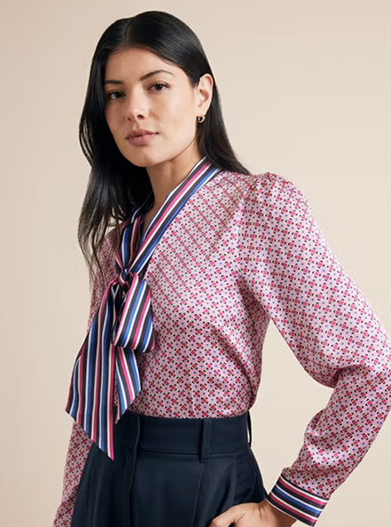 Relaxed Fit Pink & Black Geo Pussybow Blouse