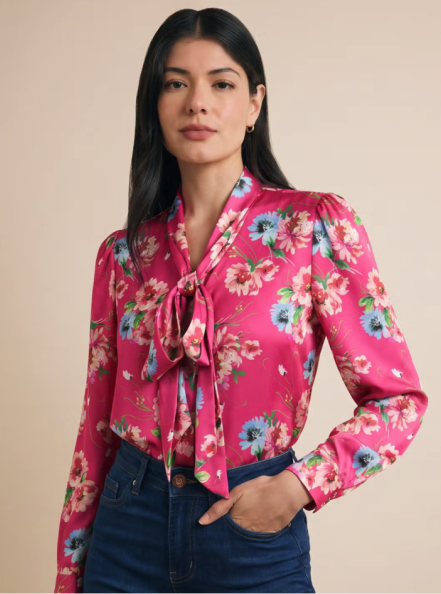 Relaxed Fit Pink & Blue Floral Pussybow Blouse