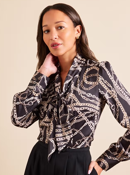 Black & White Chains Pussybow Blouse