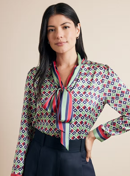 Relaxed Fit Green & Navy Diamond Geo Pussybow Blouse