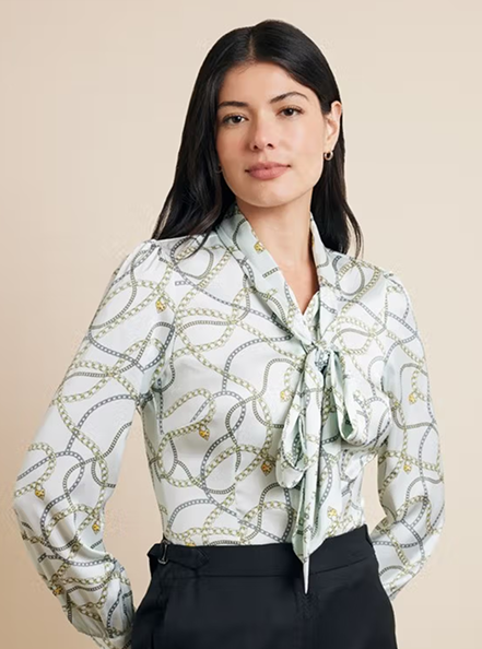 Aqua & Grey Chains Pussybow Blouse